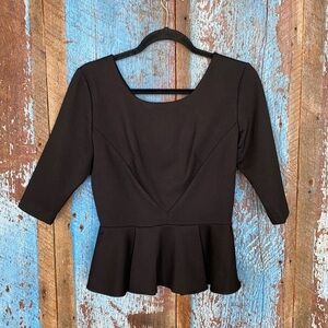 Amanda Uprichard Black Ponte Knit Peplum Hem V-Back 3/4 Sleeve Top SIZE Small